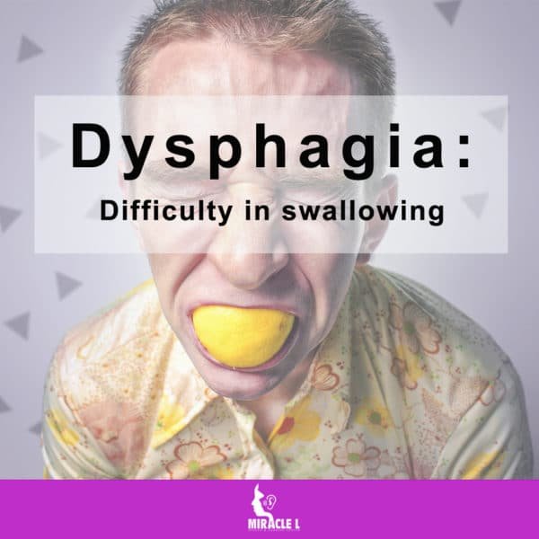 an adult have a lemon stuck in his mouth to represent the difficulty in swallowing (dysphagia)